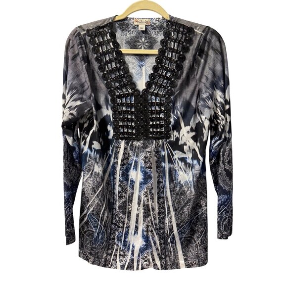 World Unity Womens Sz Large Black & Blue Beaded V-Neck Long Sleeve Tunic Top - Picture 8 of 12